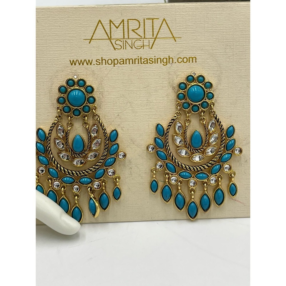 Amrita Singh Blue Cabochon Gold Tone Chandelier Earrings New